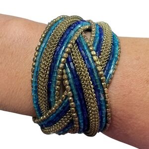 Beaded Cuff Bracelet Blue Gold Tone Statement Bohemian Fashion Jewelry